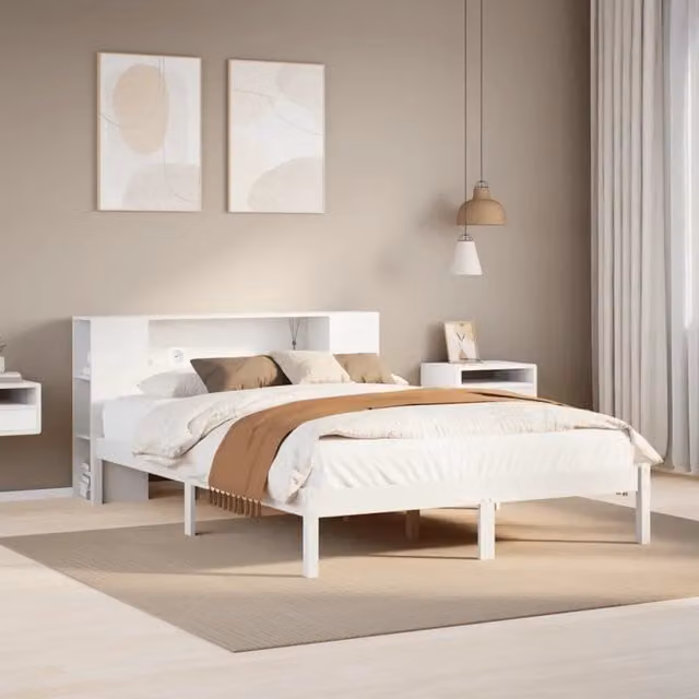 Letto con libreria e ripiani laterali vidaXL in legno di pino bianco stile rustico 140x190 cm – 1