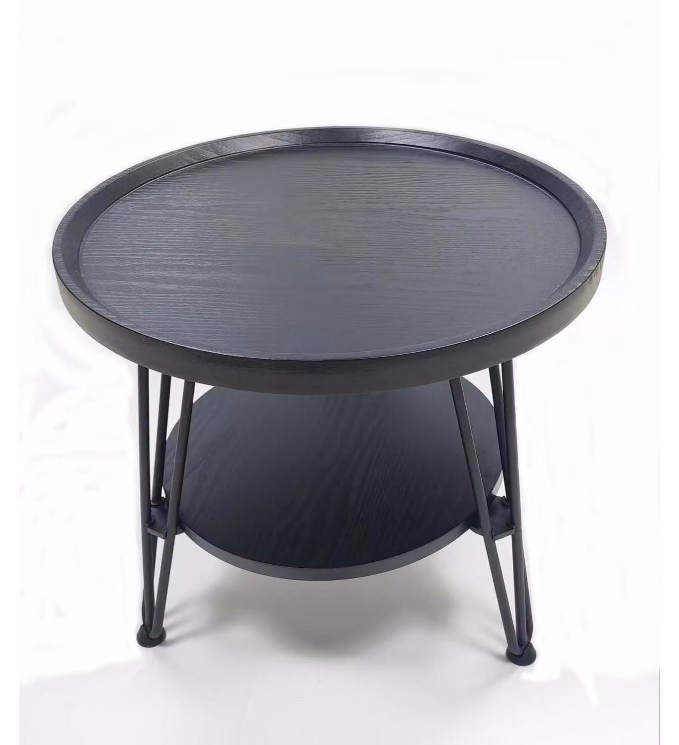 Tavolino rotondo a due piani, dimensioni 50 x 45 cm, colore nero, realizzato in legno e metallo