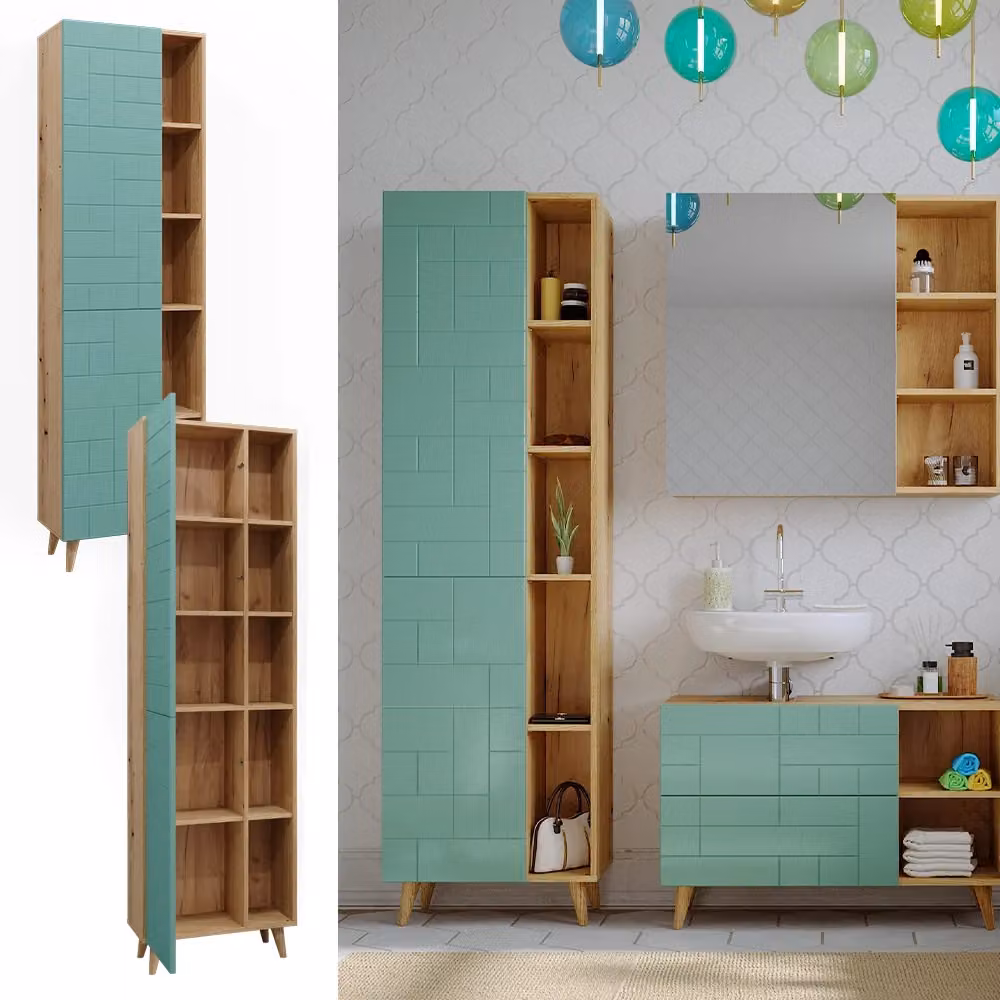 Armadio da bagno Vicco Rudi colore verde menta con ante e vani a giorno L: 56 cm, H: 193 cm – 2
