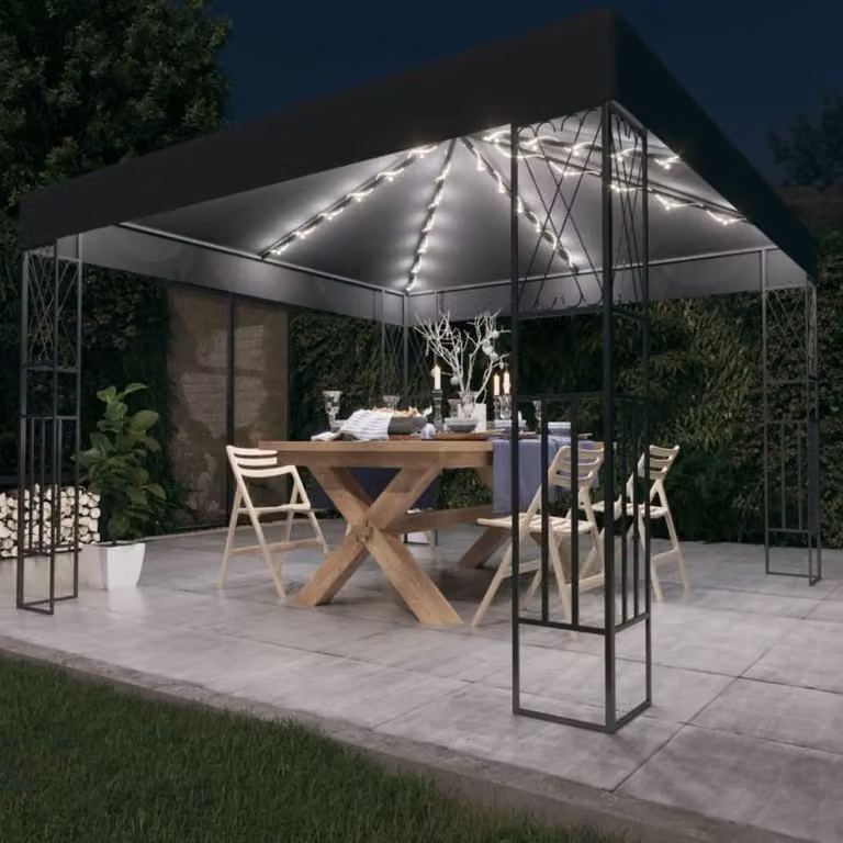 Padiglione The Living Store con ghirlanda luminosa a LED, 3x3 m, tessuto antracite