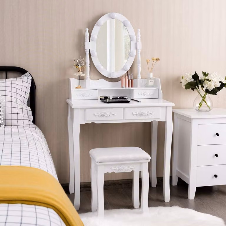 Set tavolo da trucco COSTWAY con 10 luci LED, tavolo da toilette con specchio e sgabello per il trucco, luminosità regolabile, tavolo cosmetico con 4 cassetti per camera da letto, tavolo da trucco in legno (bianco)