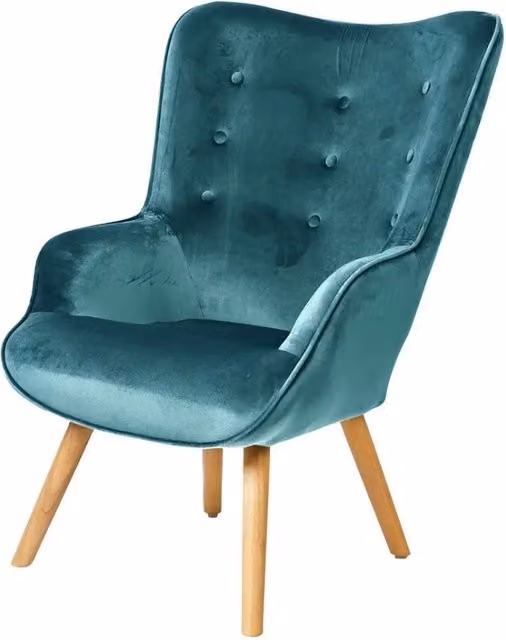 Poltrona da salotto in velluto blu petrolio con piedi in legno collezione ENJOY. Stile scandinavo