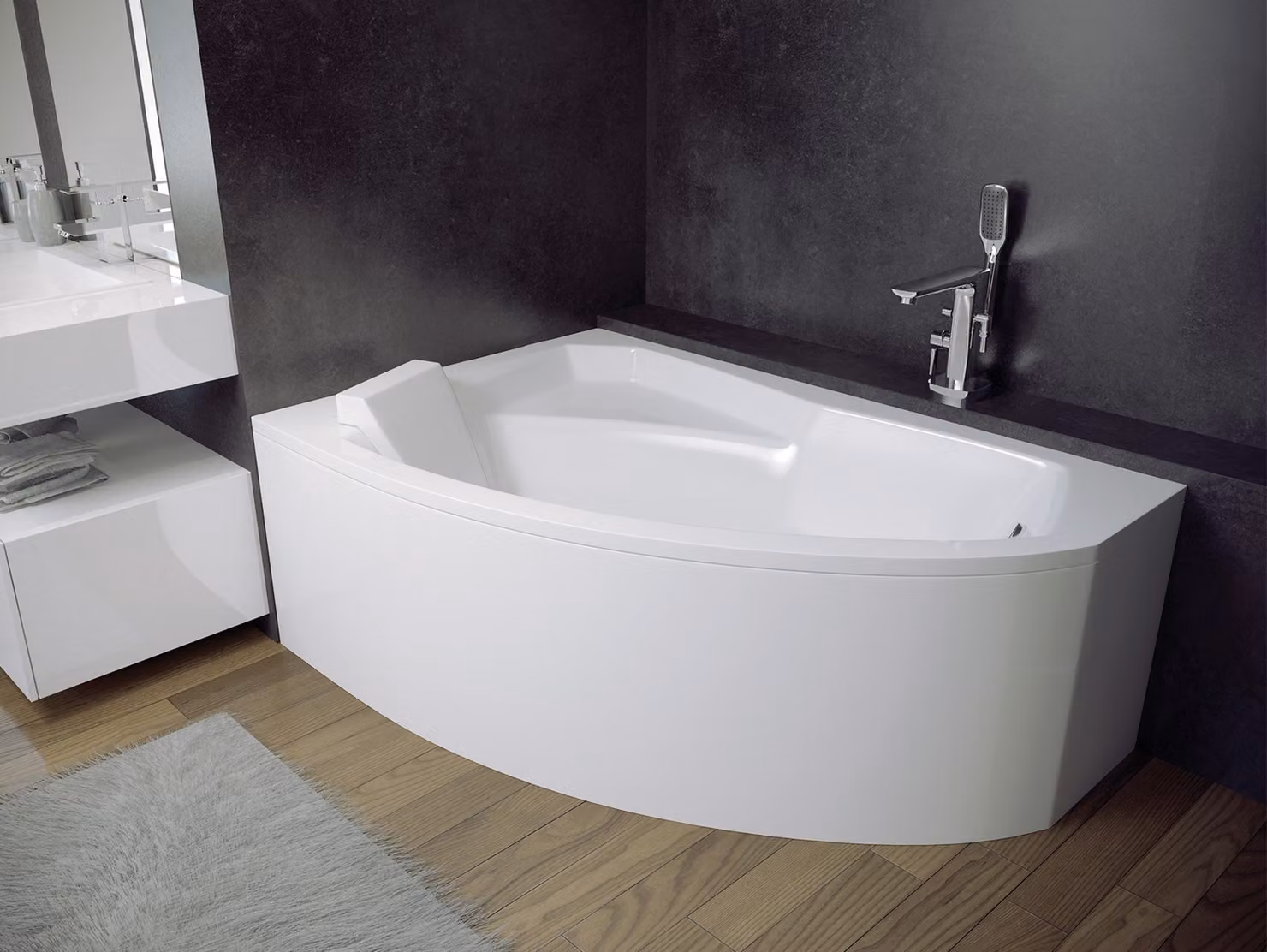 Vasca da bagno angolare 170x110 a sinistra con grembiule in acrilico, set di scarico e piedini GRATIS | set completo 4in1 vasca da bagno originale in acrilico sifone | BADLAND RIMA