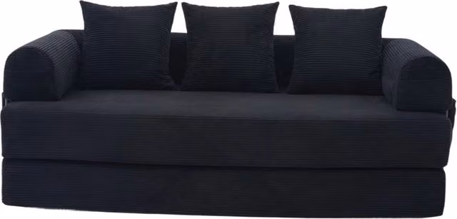 Divano modulare convertibile in velluto a coste nero con struttura in metallo e 3 cuscini, L/P/H: 200 x 140 x 67 cm – 1