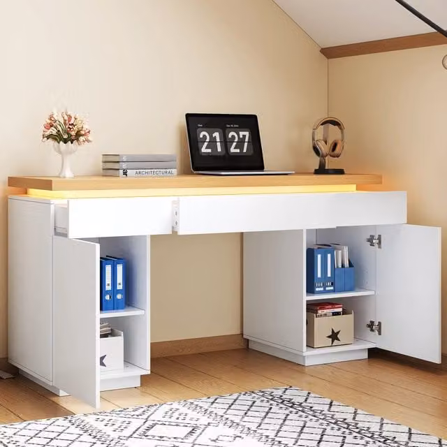 Scrivania In MDF Bianco E Rovere 140 x 50 cm Con LED Multicolore; 3 Cassetti E 2 Ante Per Home Office