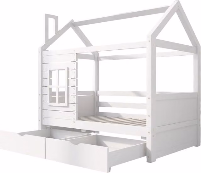 Letto per bambini in legno massiccio di pino bianco 80x160 cm con protezioni antiribaltamento e rete a doghe