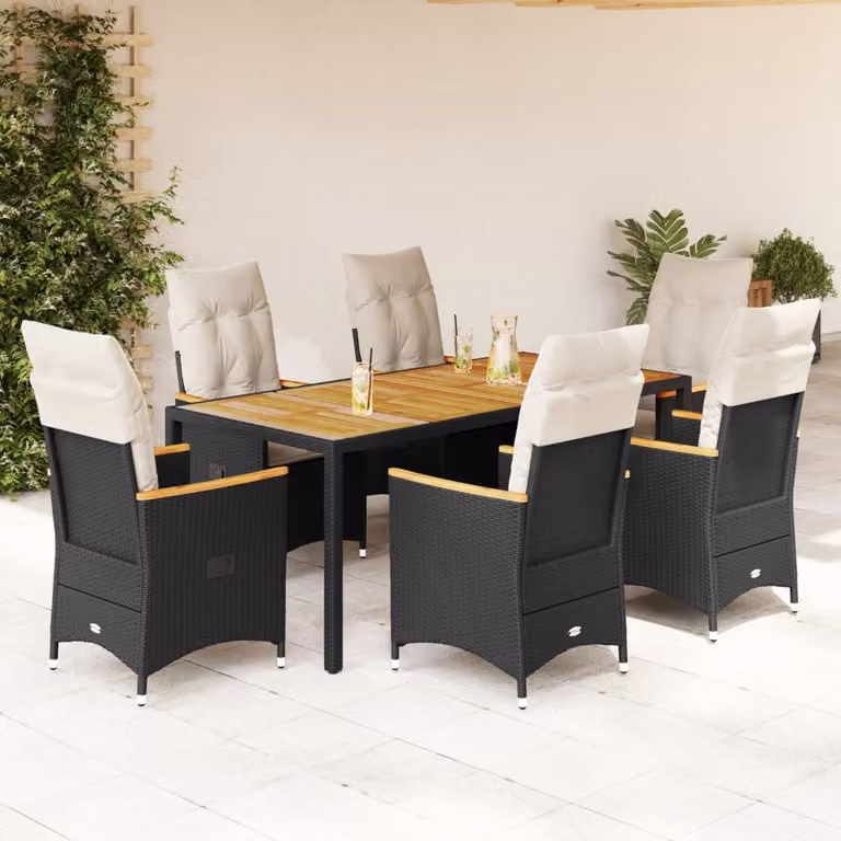 Set da pranzo da giardino vidaXL in legno di acacia oliato e polyrattan nero con cuscini beige, 7 pezzi