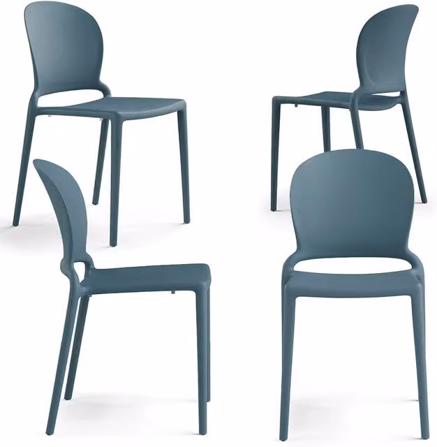 Set 4 sedie in polipropilene JASMINE, impilabile, resistente ai raggi UV, design moderno, ideale per sala da pranzo, cucina, sala d’attesa, bar, ristoranti o giardino colore Avio