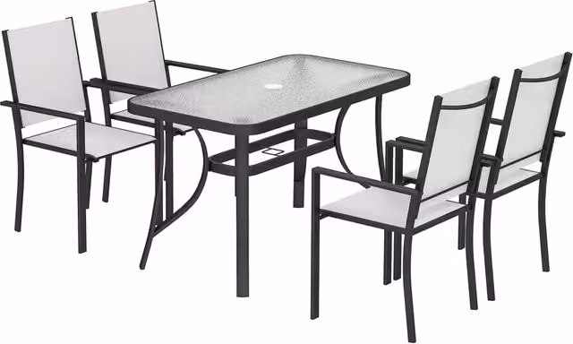 Set 5 Pezzi da Giardino con 4 Sedie Impilabili e Tavolo in Vetro Temperato con Foro per Ombrellone in Texteline Grigio