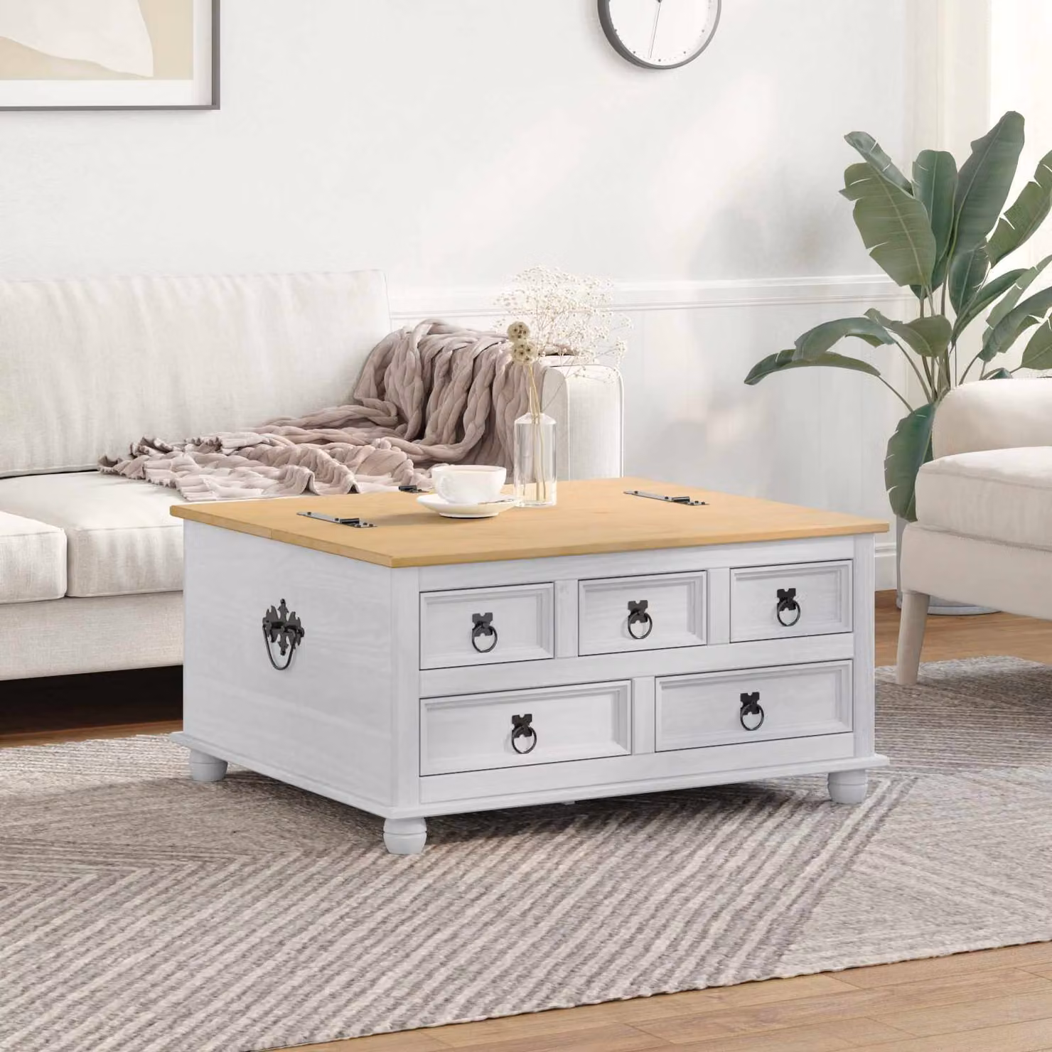 vidaXL Contenitore portaoggetti con cassetto in pino massello Bianco L: 90 cm, P: 78 cm, H: 45 cm