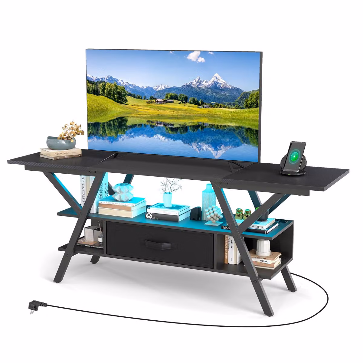 Mobile porta TV Costway con luci LED integrate e prese di corrente, centro di intrattenimento moderno a 3 livelli per televisori fino a 65 pollici, Nero opaco