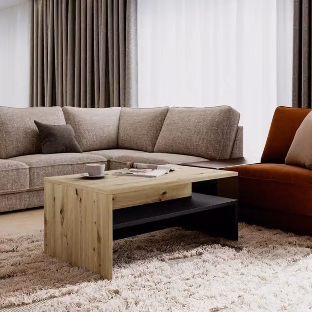 Tavolino basso RAMOS Meublorama in stile moderno con finitura rovere e nero opaco, L: 60 cm, P: 60 cm, H: 30 cm