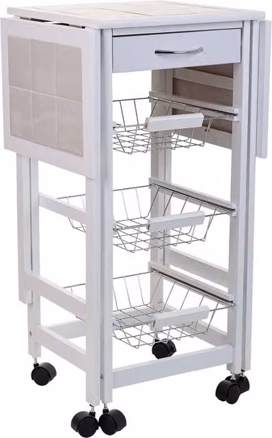 Carrello da cucina moderno Wanderlust Deco in legno di pino bianco laccato con ruote e piano estensibile L/P/H: 91 x 37 x 79 cm – 1