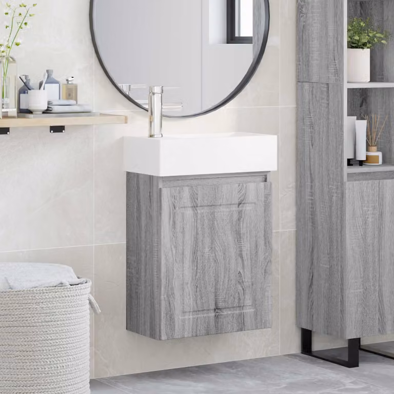 Mobile bagno moderno vidaXL in legno Sonoma grigio con rubinetto L/P/H: 45,5 x 22,5 x 84 cm