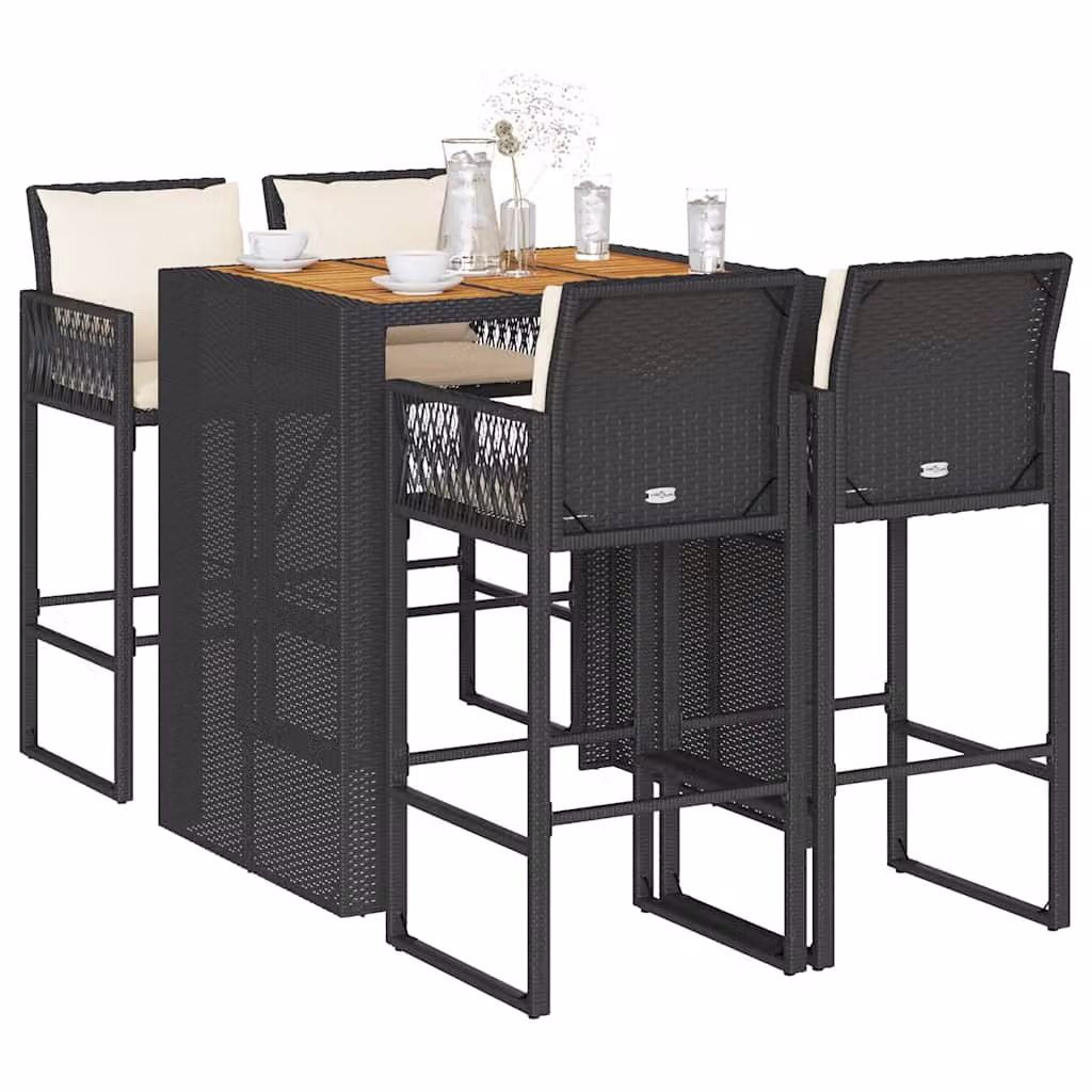 Set Bar da Giardino vidaXL in Polyrattan e Legno di Acacia con 5 Cuscini, Nero e Bianco