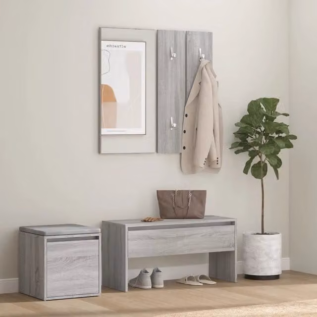 Set di mobili da corridoio moderno vidaXL in legno e plastica, colore grigio, con panca, specchio, pannello e scarpiera – 1
