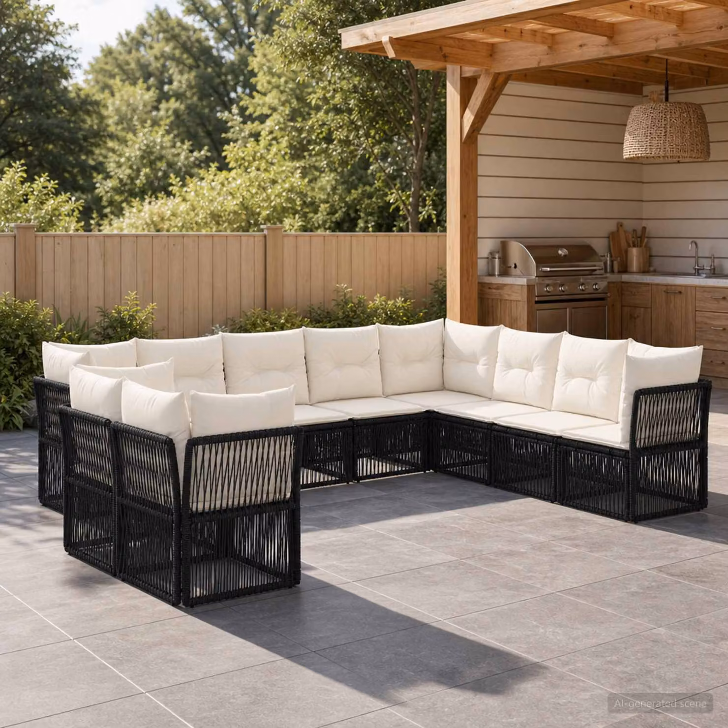 Set Divano da Giardino vidaXL a forma a U in Polyrattan Nero con Cuscini Imbottiti e Rivestimenti Rimovibili