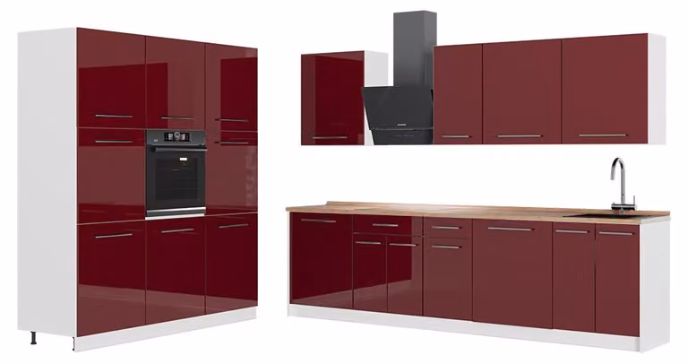 Cucina componibile Vicco Fame-Line Bordeaux lucido/Bianco 460 cm, PL Rovere, Model 63834