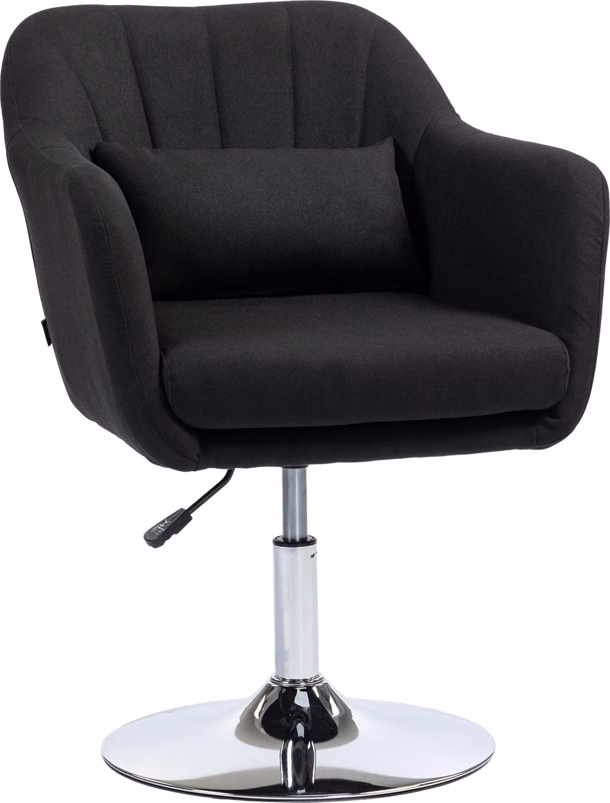 Poltrona Moonbite, compatta, 60 x 60 cm, con cuscino lombare, altezza regolabile da 45 a 57 cm, girevole a 360°, con braccioli, base in metallo galvanizzato, rivestimento in poliestere, colore nero