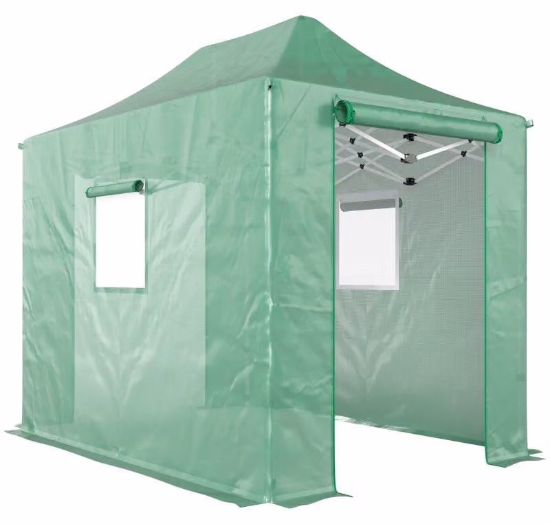 Serra pop-up Moonbite, dimensioni 295 x 200 x 270 cm, serra pieghevole in plastica con tetto a falda, porta scorrevole e finestre con cerniera, realizzata in polietilene (PE) da 140 g/m², colore verde