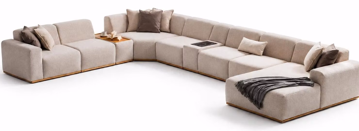 Divano angolare beige, grande, per soggiorno, comodo, morbido, moderno