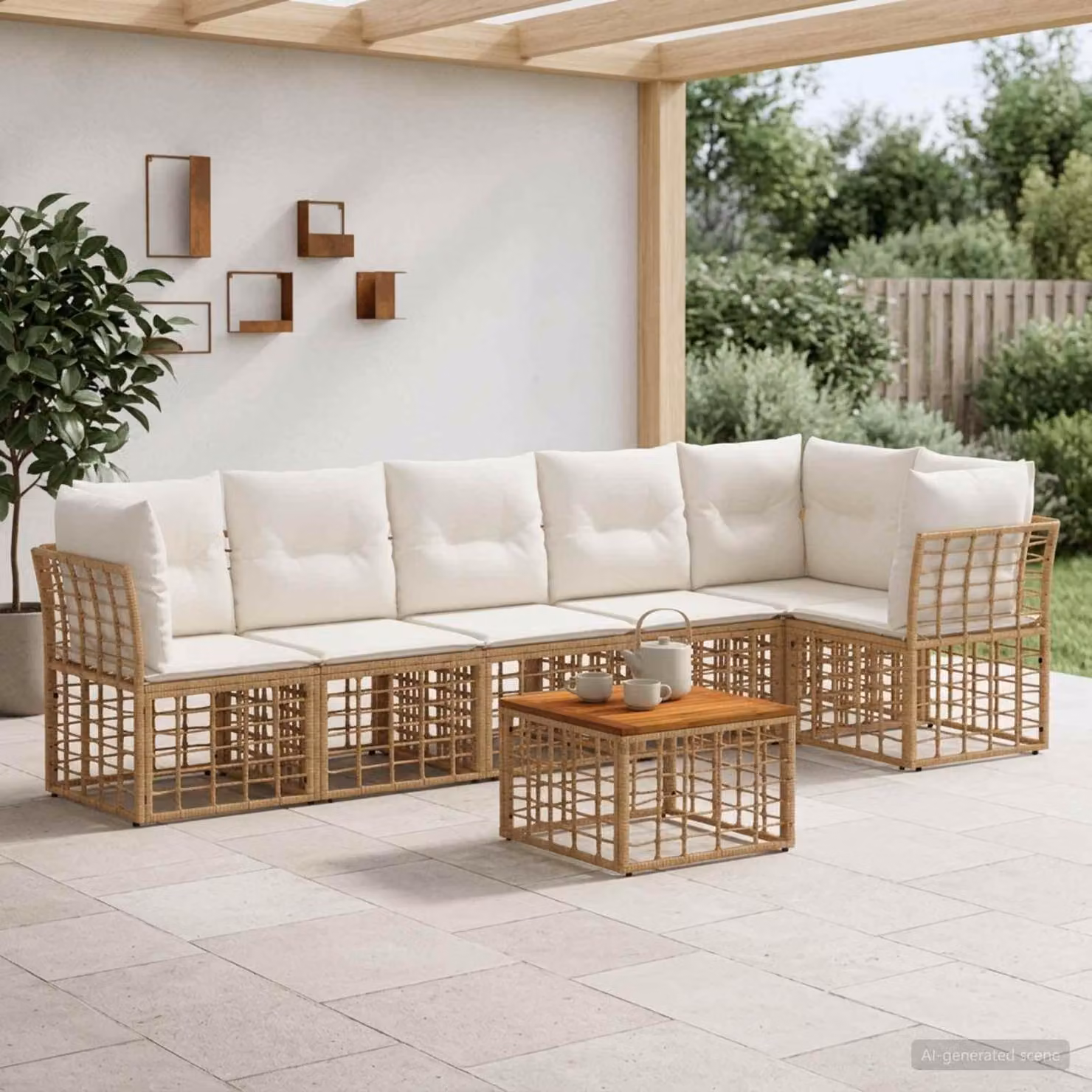 Maison Exclusive - Set da giardino composto da 7 pezzi. Divano in rattan sintetico naturale e color crema