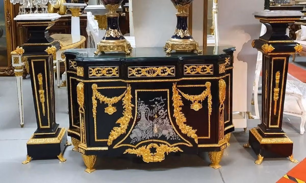 Casa Padrino set di mobili barocchi nero/oro - 1 cassettiera barocca e 2 colonne barocche - Sontuosi mobili barocchi