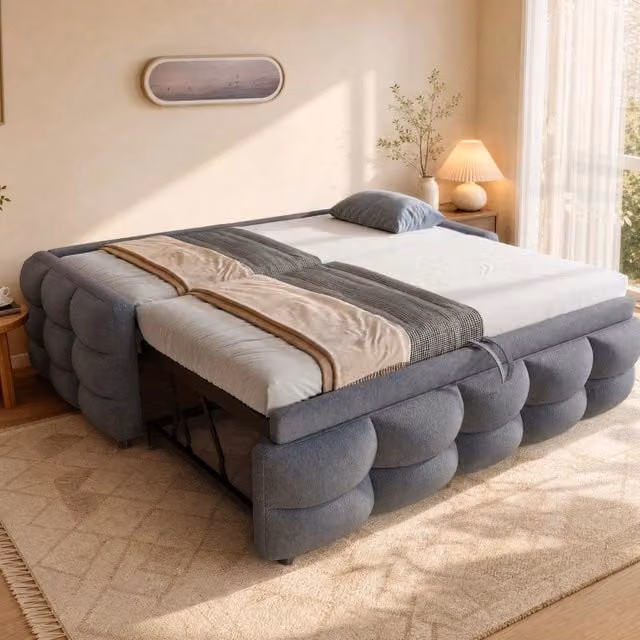 Letto estraibile moderno REDOM grigio con struttura imbottita in tessuto e metallo L/P/H: 190 x 90 x 46,5 cm