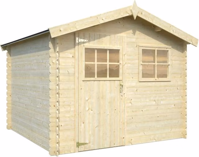 Casetta in Legno da Giardino Bruges Sistema BlockHaus Pircher, Rimessa Beige con Finestra e Design Rustico