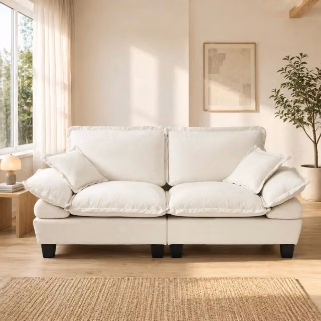 Divano moderno MIVRAY a 2 posti in tessuto beige con struttura in legno massello e coperture rimovibili L: 194 cm, P: 90 cm, H: 82 cm