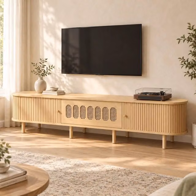 Mobile TV 180x40x40 cm con ante a rullo e porta a ribalta in MDF naturale