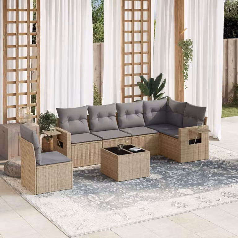 vidaXL Set Divani da Giardino a L 7 pz in Polyrattan con Cuscini Beige e Grigio