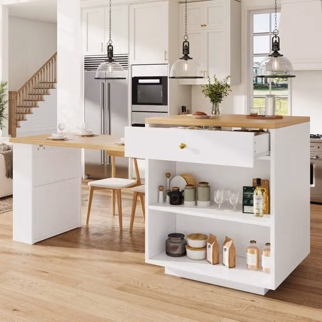 Credenza da cucina con piano estraibile, 2 cassetti e vani aperti, bianco, 122,5–195,5 × 70 × 93,8 cm