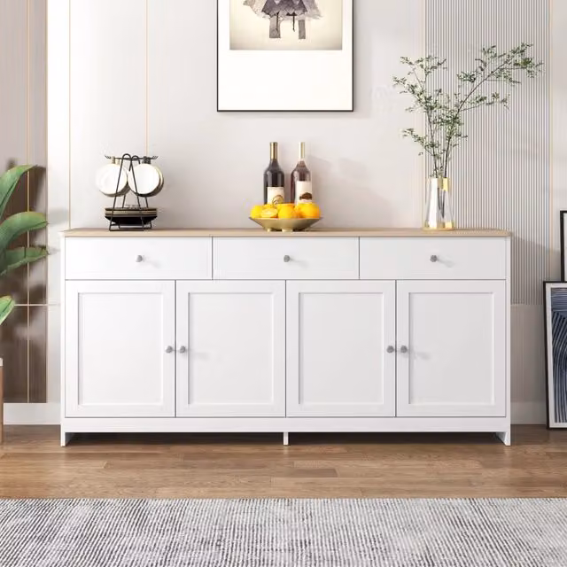Credenza 4 Ante e 3 Cassetti ¨C Xylo ¨C Bianco e Legno, Soggiorno