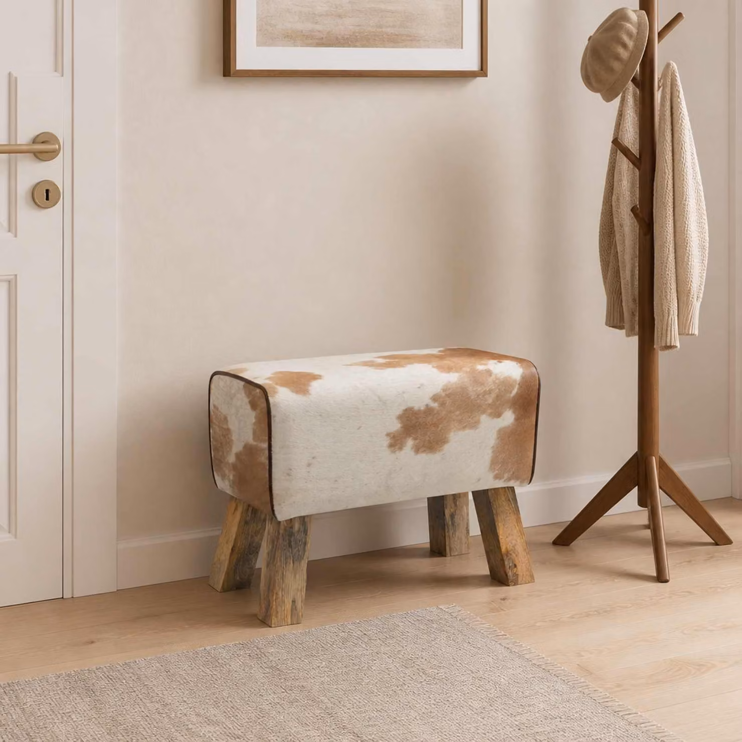 Panca vidaXL in vera pelle e legno di mango, marrone e bianco, L/P/H: 60 x 30 x 45 cm
