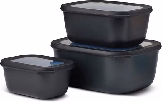 Set di 3 contenitori rettangolari Cirqula in plastica nera, ermetici e impermeabili, adatti per frigorifero, freezer e microonde, volumi: 750 ml, 1500 ml, 3000 ml