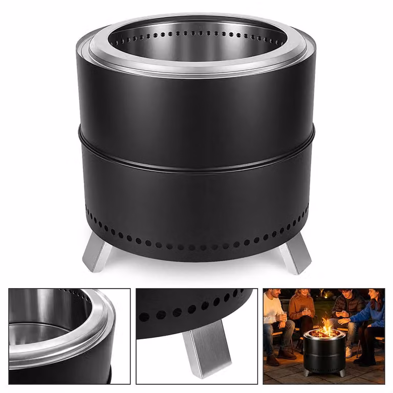 Ikodm, braciere senza fumo, diametro 49,5 cm, acciaio inossidabile 201, con borsa da trasporto e contenitore estraibile per la cenere, ideale per giardino, terrazza, balcone, campeggio, colore nero