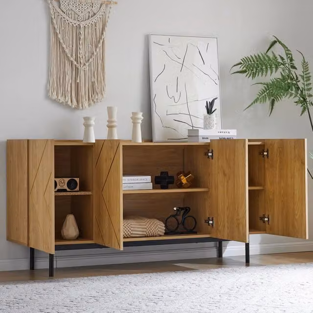 Credenza da soggiorno WISHDOR con 4 ante e inserti metallici, finitura naturale beige e marrone, L/P/H: 160 x 40 x 78 cm