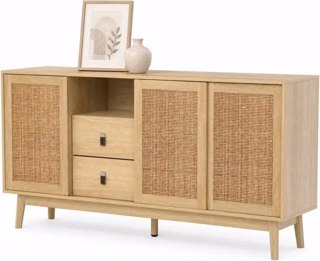 Credenza Chicfurn in legno e rattan con 3 porte scorrevoli e 2 cassetti, stile scandinavo, colore marrone e beige, L: 155 cm, P: 38 cm, H: 80 cm
