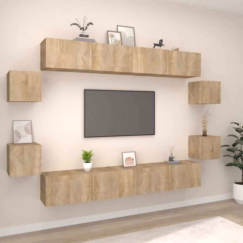 Set di mobili porta TV da 8 pezzi vidaXL in legno MDF color rovere e beige per soggiorno con montaggio a parete