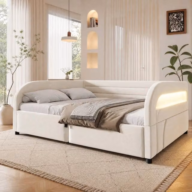 Letto una piazza e mezza imbottito 140 × 200 cm con vano contenitore idraulico LED RGB flanella beige MDF