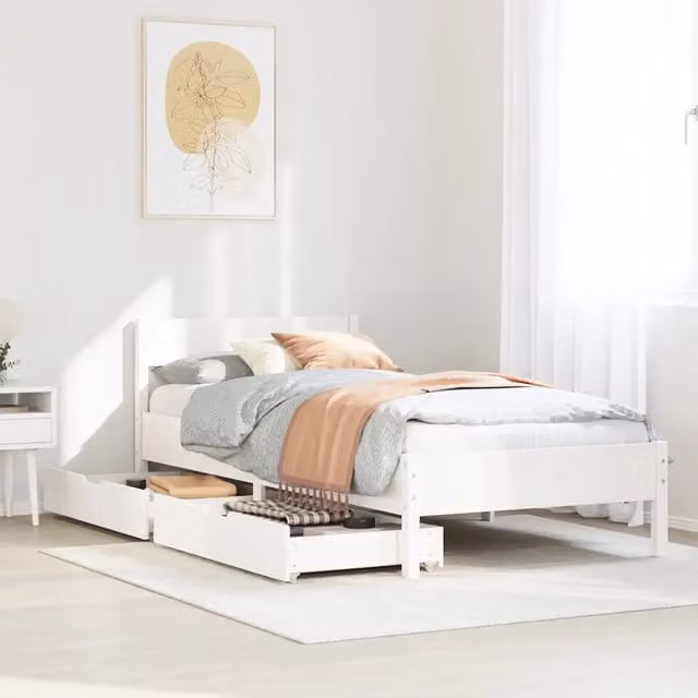Letto singolo in legno massello di pino bianco vidaXL con cassetti L/P/H: 195.5 x 75 x 80.5 cm