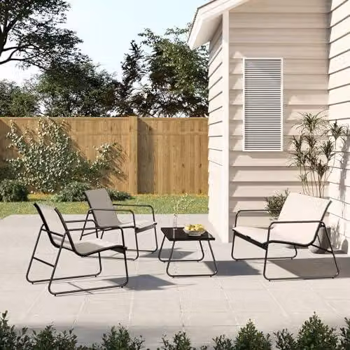 Set di mobili da giardino, 4 pezzi, set di mobili da balcone in textilene con tavolo, divano e 2 sedie, acciaio, gruppo sedute per giardino, balcone, esterno (beige)