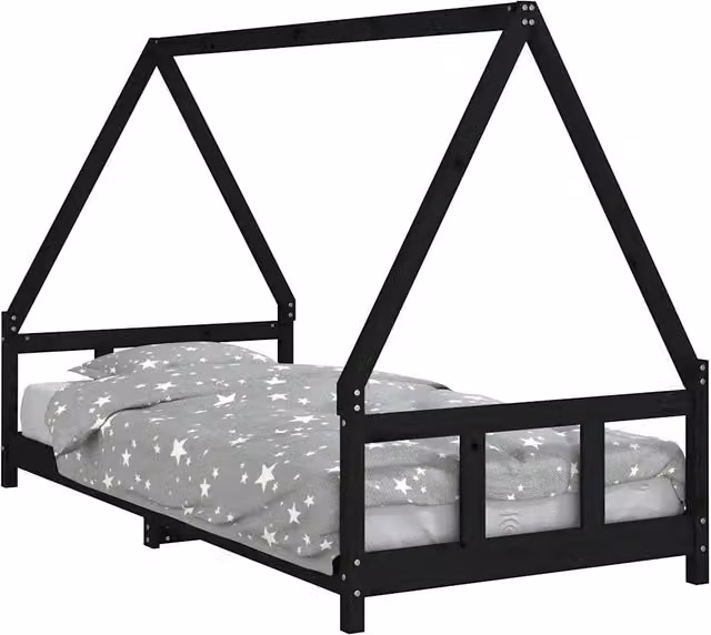 Giroletto per Bambini | Letto Infantile | Lettino Nero 90x200 cm in Legno Massello di Pino