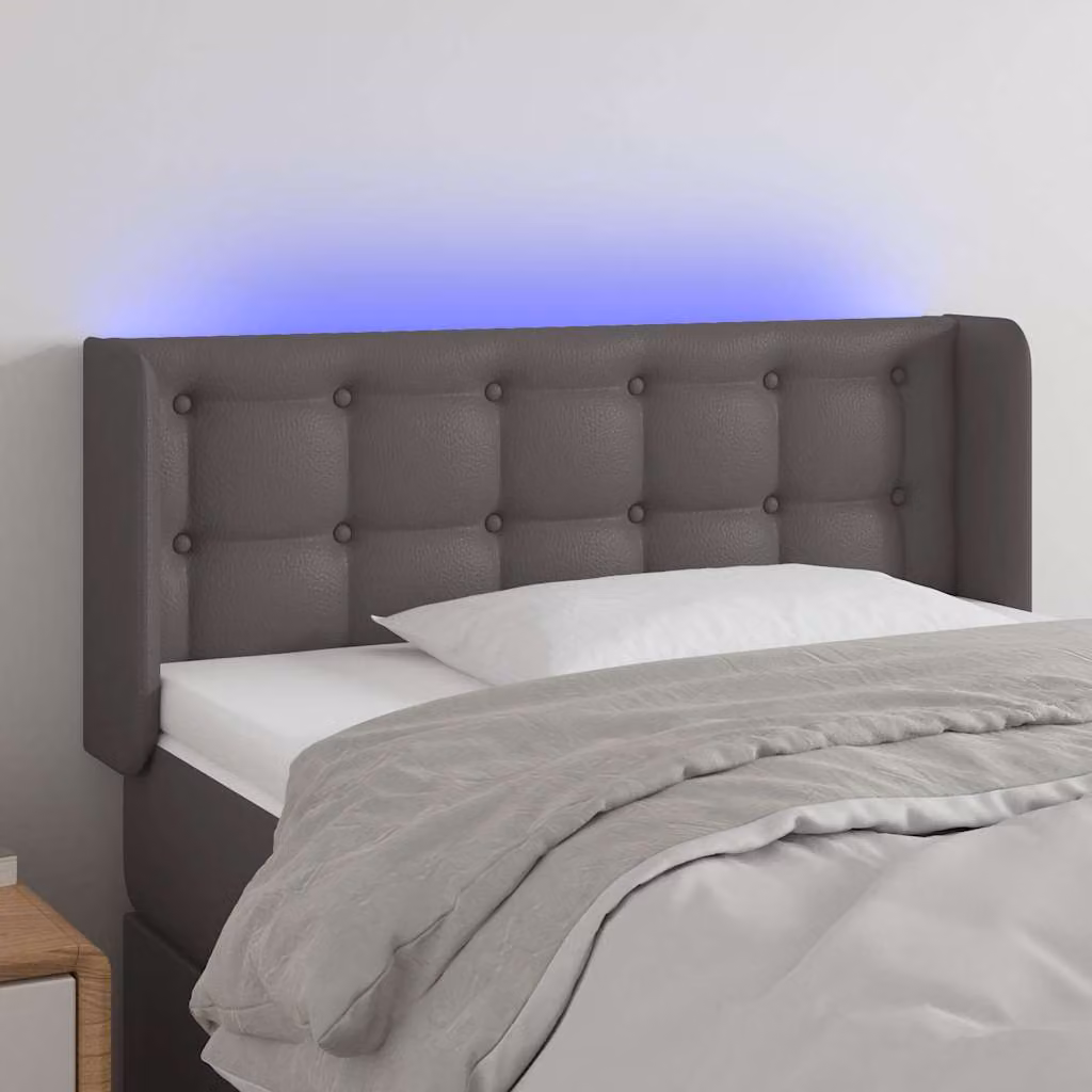 Testiera per letto vidaXL in similpelle grigia con illuminazione LED e porta di ricarica USB, L: 93 cm, P: 16 cm, H: 78-88 cm