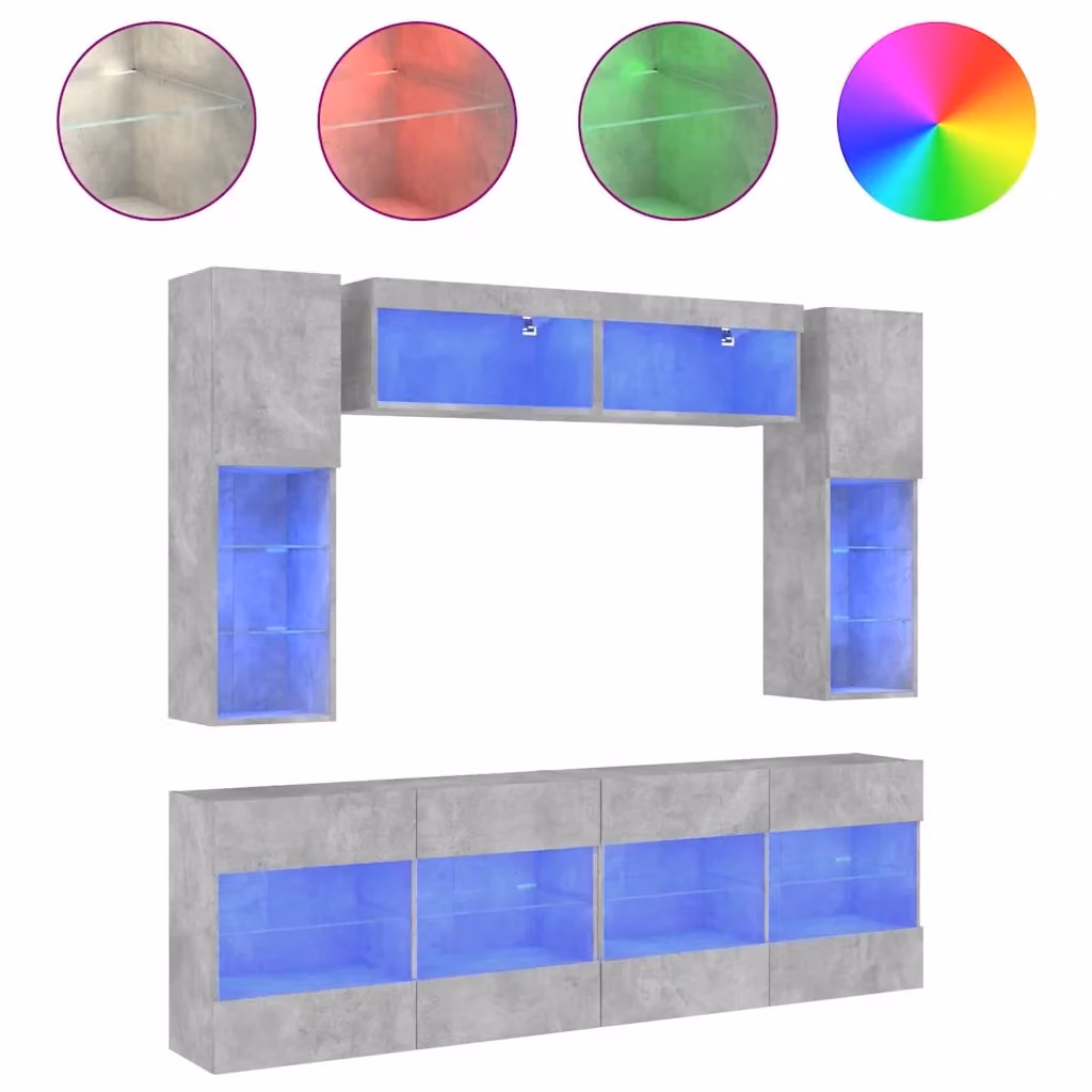 Set di mobili TV a muro moderno vidaXL in 6 pezzi con luci LED, colore grigio, in legno e MDF – 2