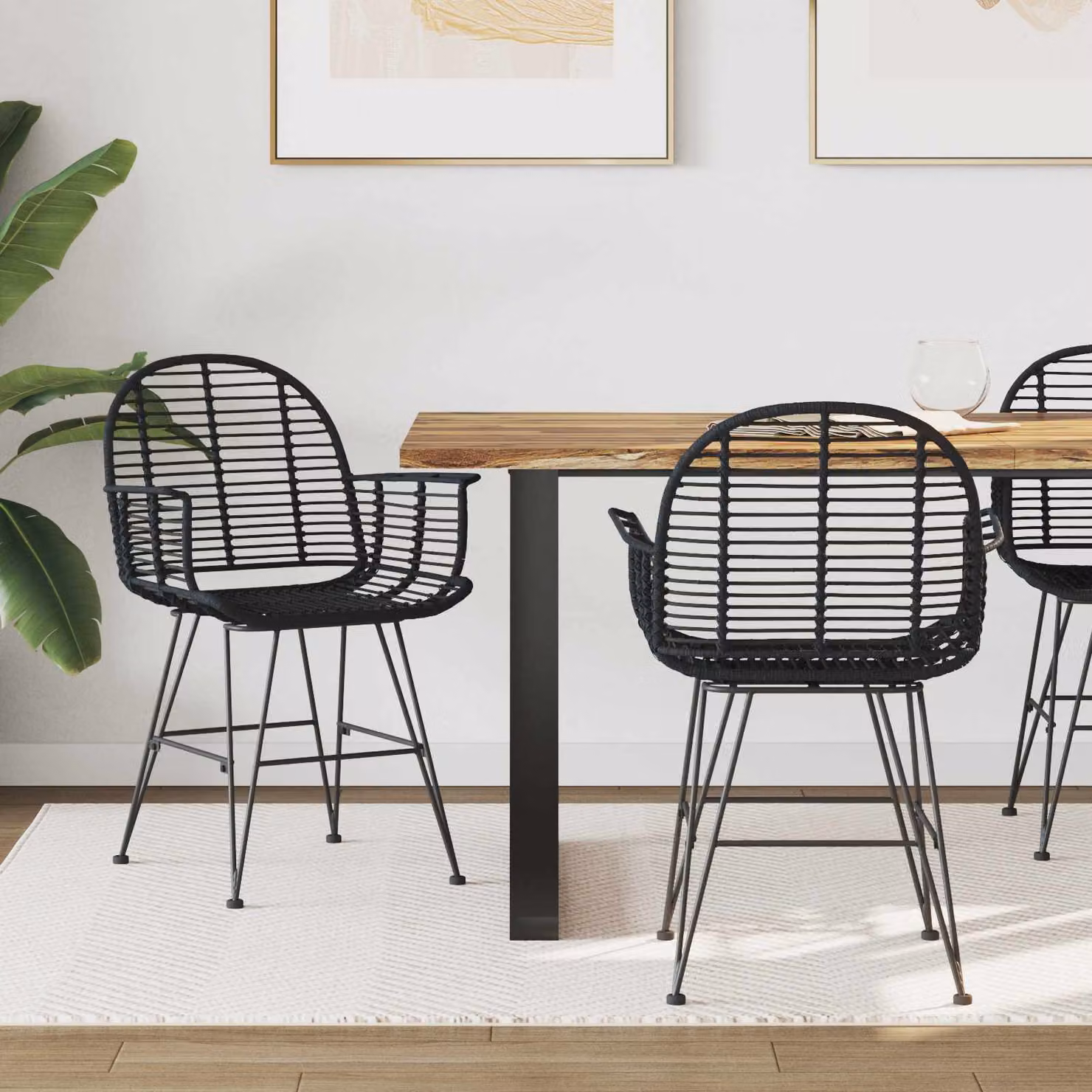 Set di 2 sedie da pranzo vidaXL in rattan e metallo nero con braccioli, L 57 cm x P 55 cm x H 85 cm – 1