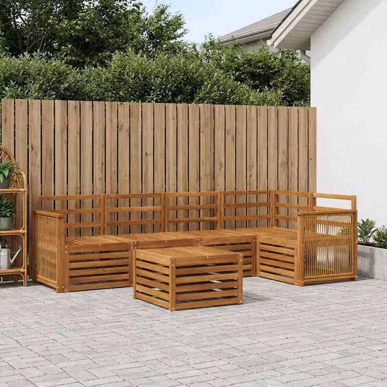 Set di divani da esterno vidaXL a forma di L in legno di acacia con cuscini, colore marrone e bianco
