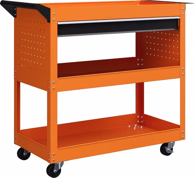 Carrello porta attrezzi DURHAND in acciaio con manico laterale, cassetto e 3 ripiani, arancione, L: 82 cm, P: 35 cm, H: 76 cm