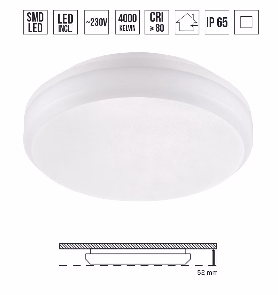 Plafoniera LED TVER 20W,4000K,IP65, bianco Ø200, W: 52